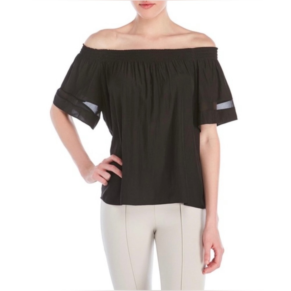 RAMY BROOK Black Blouse Smocked Jessica Designer Chic Off Shoulder Women's Small